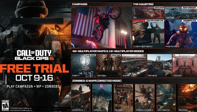 《使命召唤：黑色行动6》开启免费试玩周免费试玩时间：· 2025年10月10日 00:00~10月17日 01:00（UTC+8）试玩内容：· 完整的剧情战役· 所有多人游戏和丧尸模式（不包括排位赛）· 万圣节浩劫新内容和限时模式