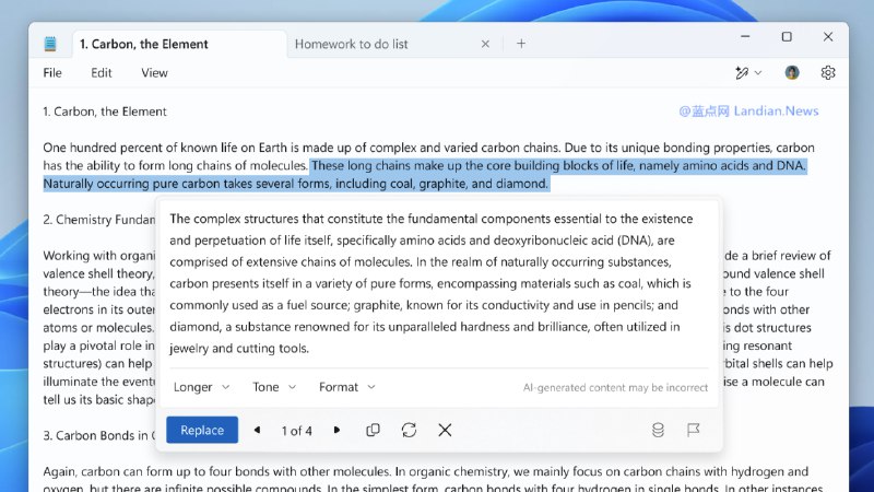 微软更新Windows 11记事本应用添加AI功能 可以修改措辞/语气/长度 – 蓝点网