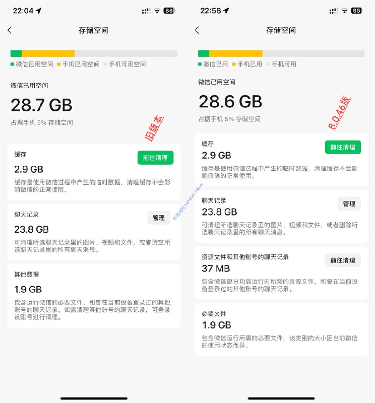 微信新版本更新存储空间占用说明 新增可清理的资源文件和其他聊天记录 – 蓝点网
