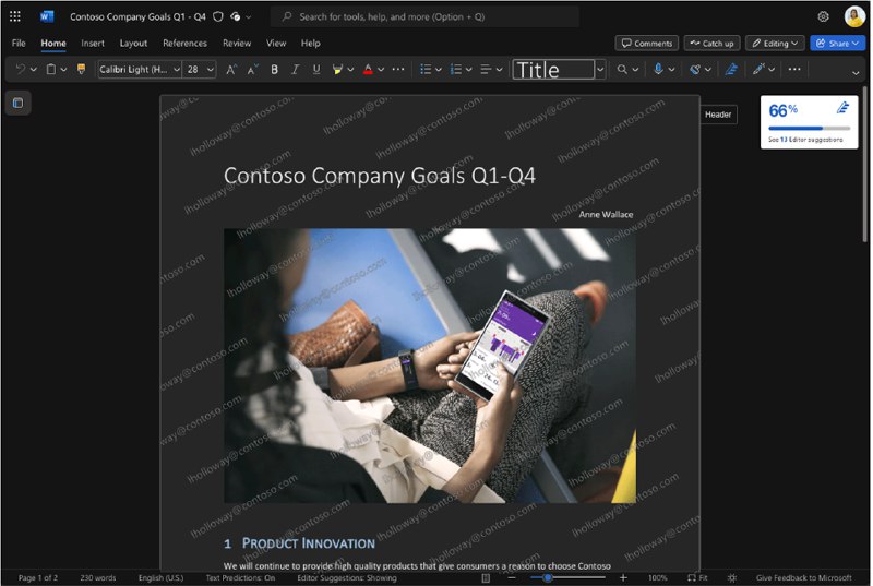 微软为企业版Microsoft 365添加动态水印 可以在文档中铺满查看者的邮箱地址