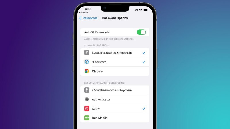 苹果 iOS 16 支持使用第三方具有内置密码 App 的双重身份验证，包括默认微软谷歌验证器