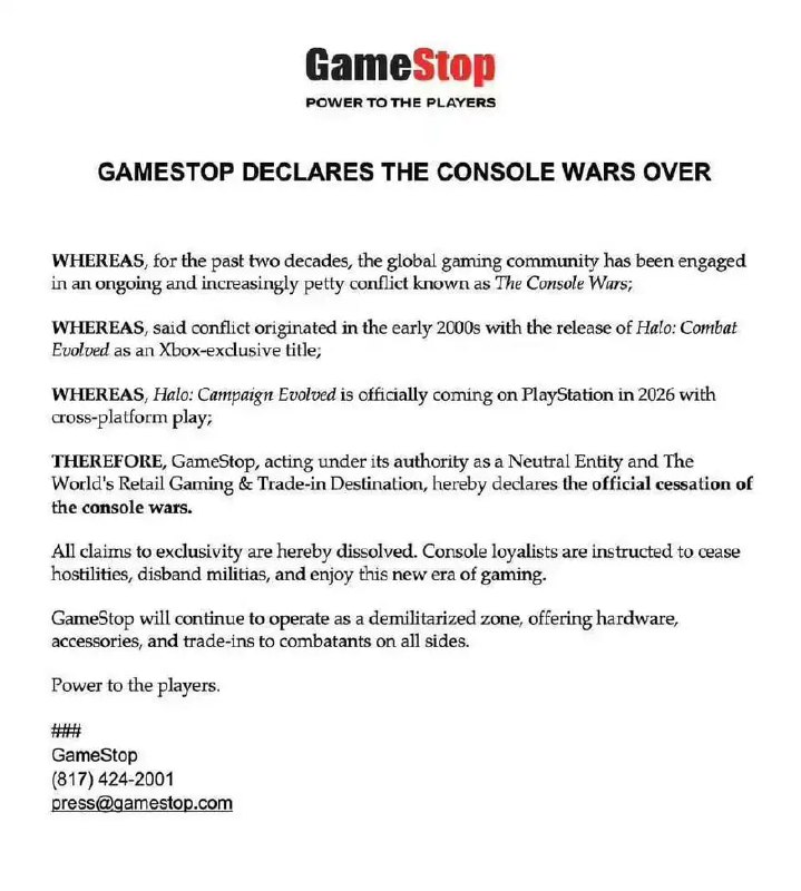 GameStop郑重宣告主机大战结束（整活向）