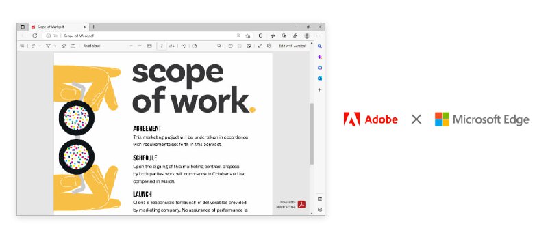 Microsoft Edge 将集成 Adobe Acrobat PDF 引擎，提供更好的 PDF 体验TL;DR: 2023 年 3 月开始推送，9 月推送完成，2024 年 3 月移除原有 PDF 引擎；现有 Acrobat 订户可使用高级功能，原有免费功能继续保持免费，界面右下角有个商标（如图）Adobe and Microsoft Bring Industry-Leading Acrobat PDF Experience to 1.4 Billion Windows Users through Microsoft Edge