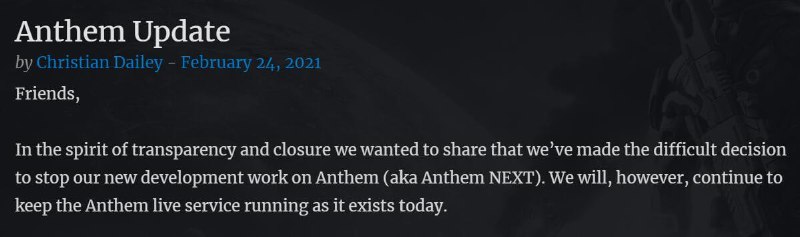 BioWare正式宣布放弃“圣歌2.0”修复工作