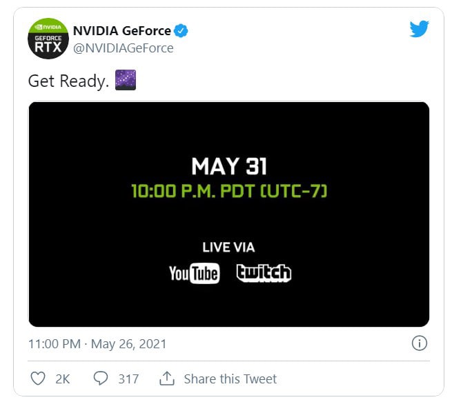 英伟达：RTX 3080 Ti/3070 Ti 显卡将于 5 月 31 日发布