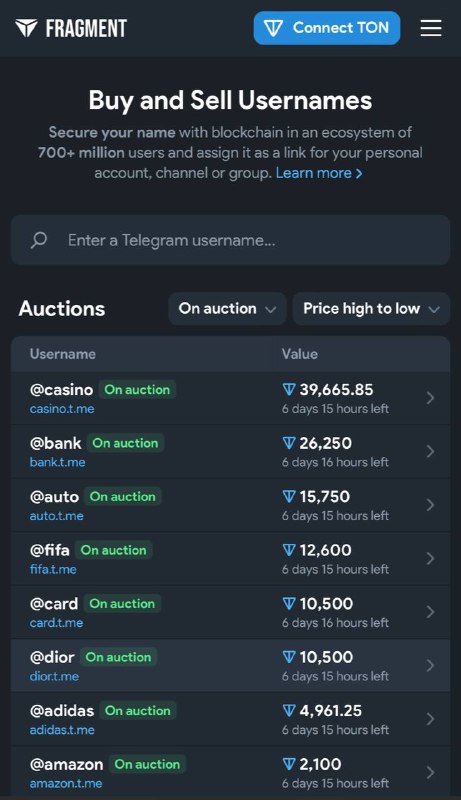 Telegram username 拍卖平台已上线使用基于 TON 的 NFTs 销售网站： fragment.com频道： @fragment  消息来源：@DocOfCard