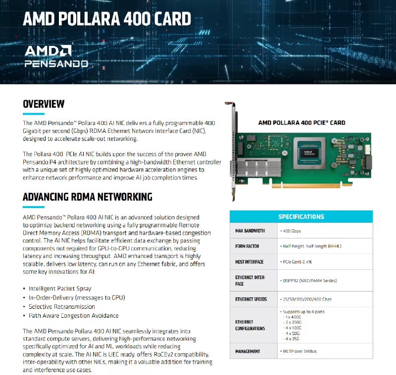 AMD 发布首款 UEC 兼容 AI NIC 网卡 Pensando Pollara 400：PCIe 5 x16 接口，400 Gbps 速率