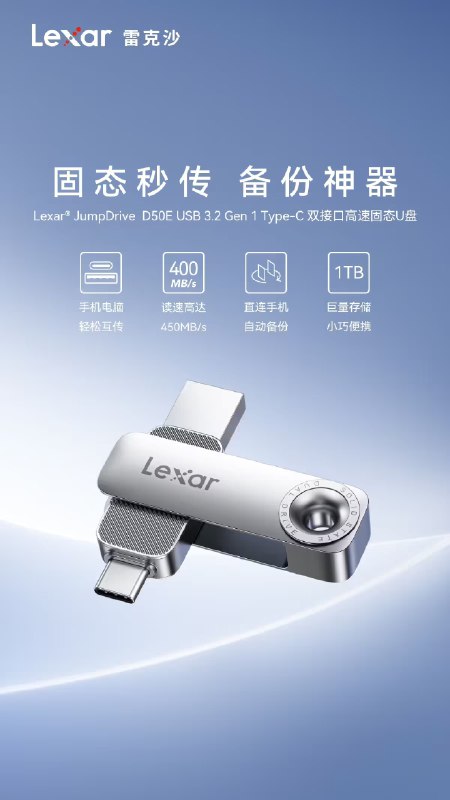 雷克沙推出 1TB USB 3.2-A/C 双接口高速固态 U 盘 D50E，1119 元