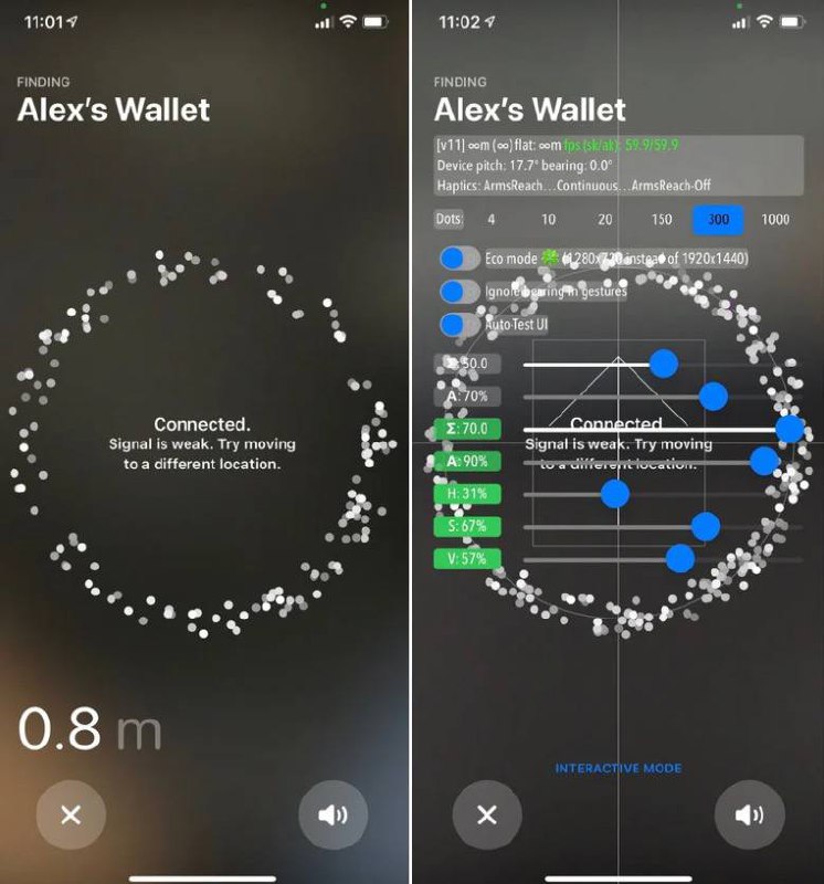 苹果 AirTag 追踪界面隐藏有开发者模式需使用支持 U1 芯片的 iPhone 11、iPhone 12 等设备，在精确查找界面点击物品名称 4 次，就可以打开一系列隐藏的控件，并显示加速度计和陀螺坐标、触觉反馈、屏幕分辨率、跟踪动画等等