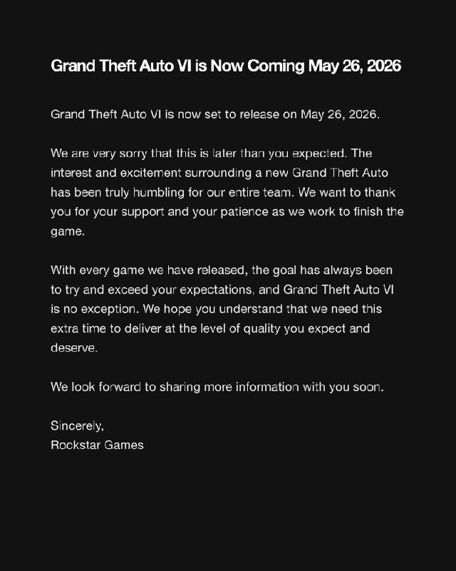 GTA6将在2026年5月26日正式发布