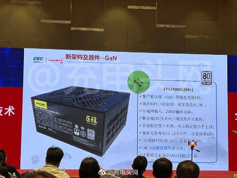 长城发布 2400W 铂金效率氮化镓 PC 电源，效率高达95.3%近期，长城 在第一届全国电源质量技术高峰论坛上发布了这款电源，型号为 EPS2400BL（94+）