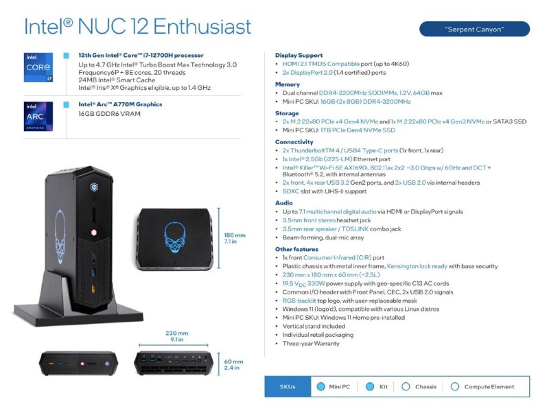 英特尔正式发布“巨蛇峡谷”NUC：2.5L 体积，i7+ A770M，约 8300 元起