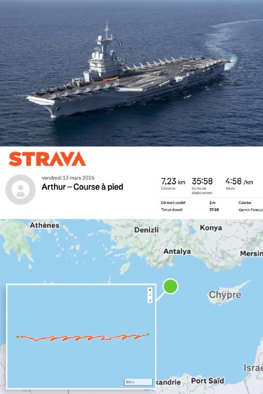 重大行动安全失误：法国“戴高乐”号航空母舰被《世界报》记者通过一名海军军官在甲板上慢跑的Strava应用程序定位准确位置... ​​​===========联网不涉密涉密不联网啊啊朋友▎Source