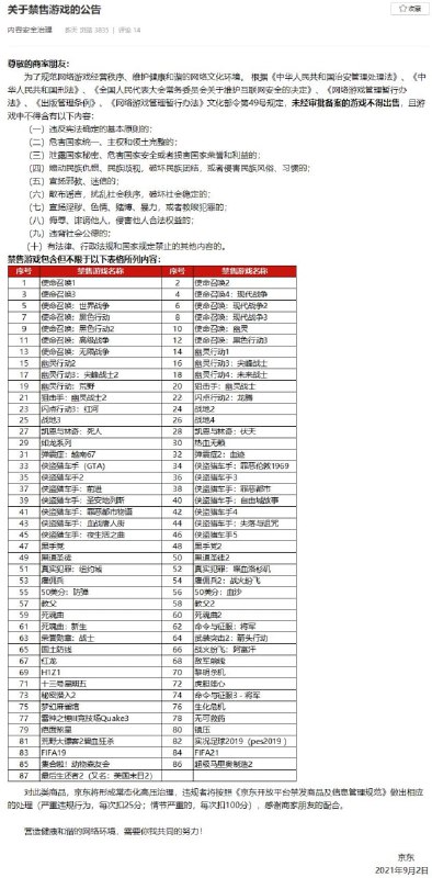 京东发布《关于禁售游戏的公告》，动森FIFA等多款作品在列