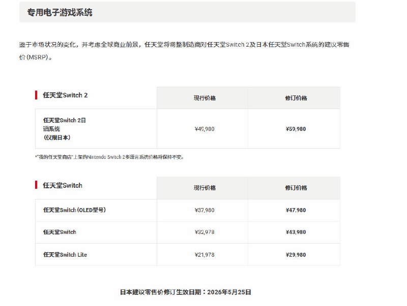 任天堂宣布 Switch 2 游戏机将调整售价：涨 50 美元 / 1 万日元、9 月 1 日 / 5 月 25 日生效