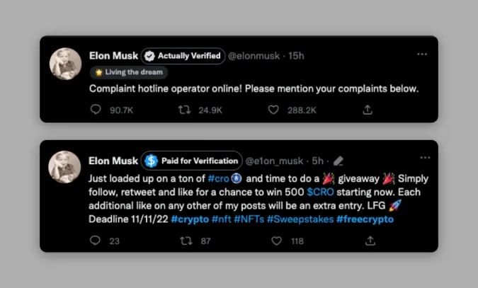 有开发者制作了浏览器扩展，用以区分 Twitter 认证用户和付费蓝勾用户普通用户花钱就能买到蓝勾✅，仿冒者自然也就多了