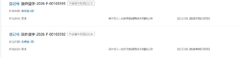 #字节申请热门网络梗著作权 北京字跳网络技术有限公司申请了「咕咕嘎嘎」「刀盾狗」「香蕉猫」等网络梗著作权