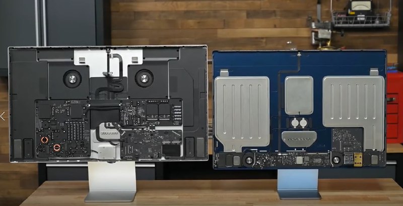 iFixit 拆解苹果 Studio Display 视频：内部类似 iMac，搭载 A13 芯片、内置电源、风扇、扬声器⬅️(左) Studio Display显示器    M1 iMac电脑 (右)➡️
