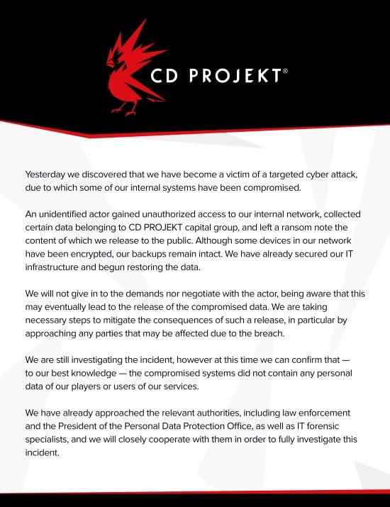 CDPR 内部系统遭黑客入侵数据被窃取 官方：绝不妥协
