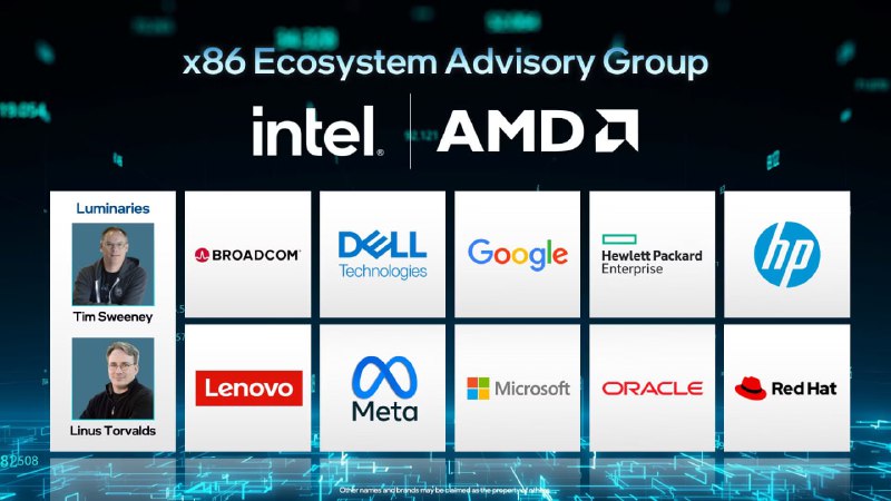 Intel 和 AMD 宣布组建 x86 生态系统咨询小组，应对来自 Arm 的挑战在周二于西雅图举办的联想创新科技大会上，Inte 与 AMD 宣布共同成立 x86 生态系统咨询小组 (x86 Ecosystem Advisory Group)，并邀请 Linux 内核开发者 Linus Torvalds、Epic Games 创办人 Tim Sweeney 加入成为创始成员，与 Broadcom、Dell、Google、HPE、HP、联想、Meta、微软、甲骨文及 Red Hat 共同推动 x86 架构生态