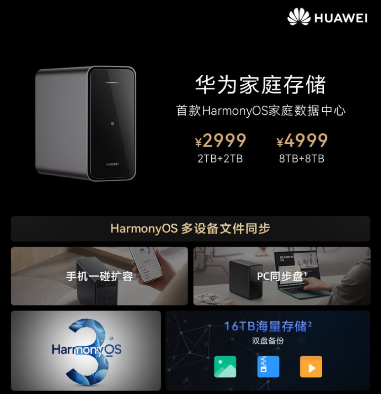 华为家庭存储今日开售：搭载鸿蒙 HarmonyOS，2999 元起