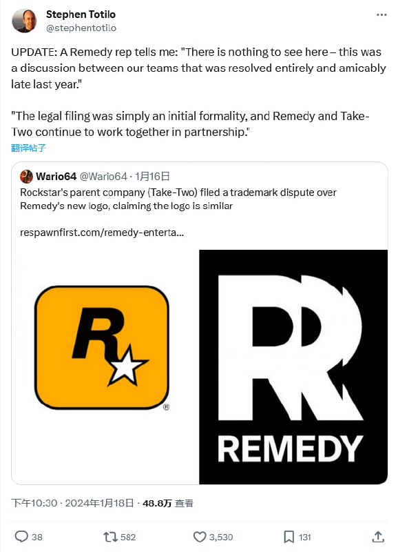 Remedy 称已和 Take-Two 达成和解