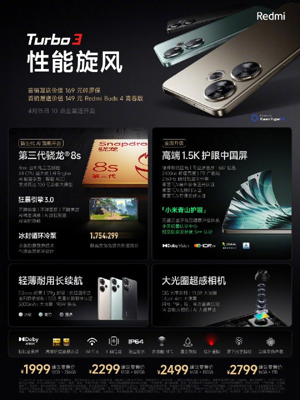 1999 元起，小米 Redmi Turbo 3 手机发布：搭载高通骁龙 8s Gen 3 芯片