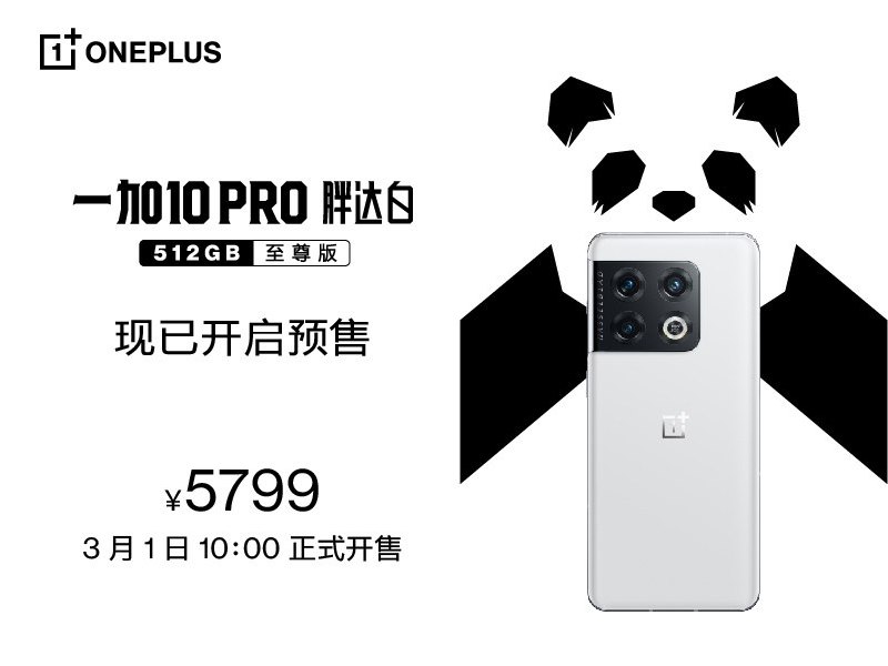经典白色款回归，一加 10 Pro 胖达白 512GB 至尊版 3 月 1 日开售：售价 5799 元