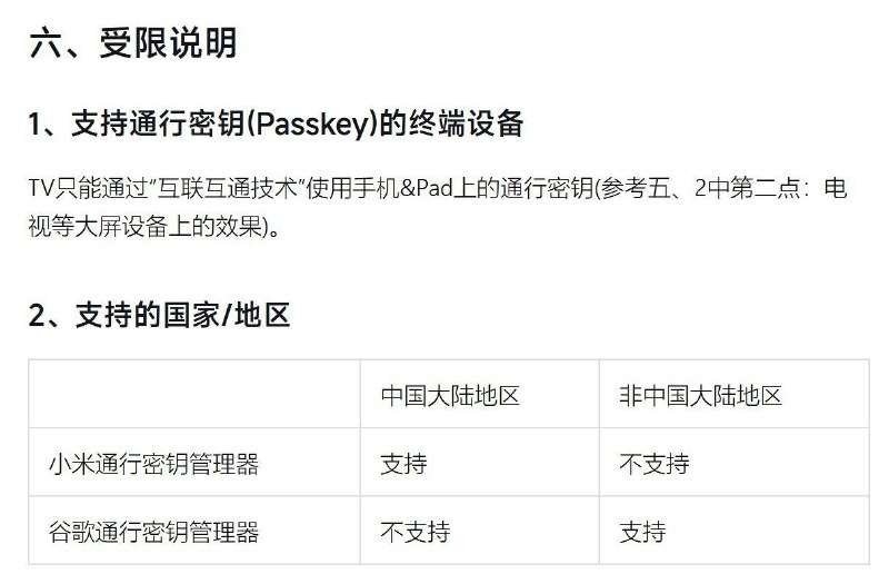 HyperOS 官方开发文档：中国大陆地区仅支持小米通行密钥管理器，不支持谷歌通行密钥管理器，非中国大陆地区则相反