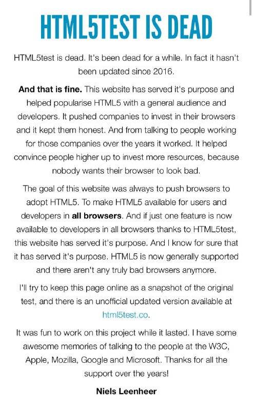 HTML5 测试网站 html5test.com 近日发布公告，表示网站自 2016 年以来不再更新，已完成推进浏览器升级适配 HTML5 的历史使命