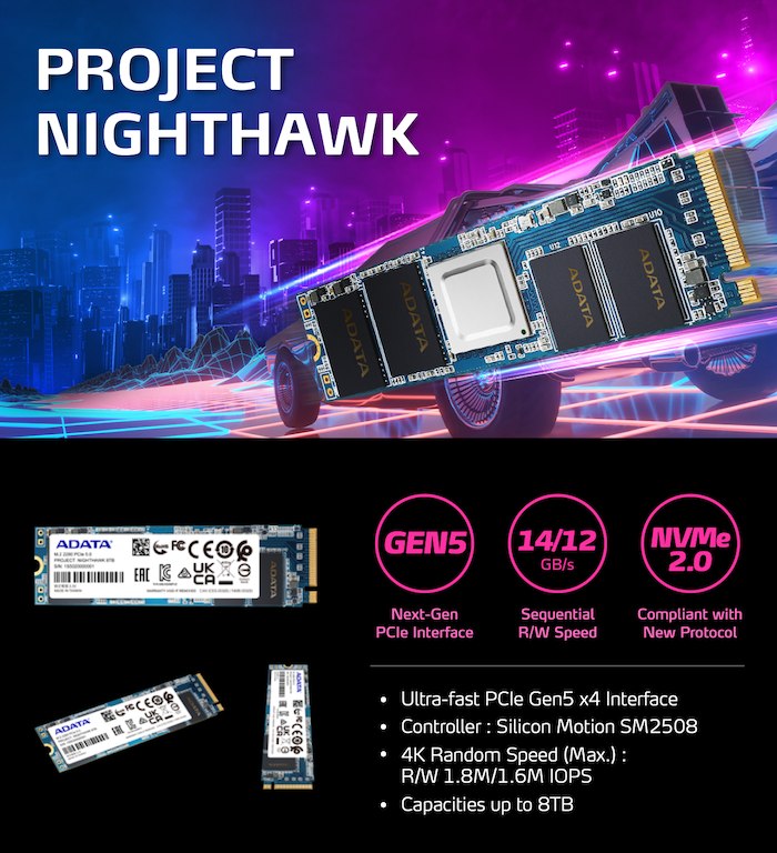 威刚展示 PCIe 5.0 SSD：连续读取 14GB / s，随机读取 2000k IOPS